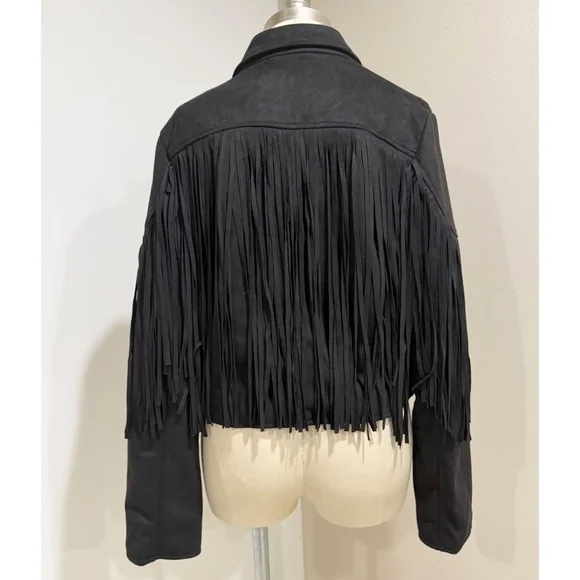 REVEROF Women's Black Faux Suede Leather Fringe Jacket Size L Western Cow Girl - Picture 4 of 10